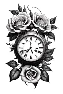 roses with clock embedded within tattoo design idea