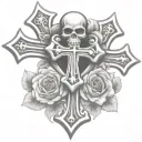 two chrome hearts crosses very close to eachother with a rose behind them. tattoo design idea