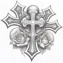 two chrome hearts crosses very close to eachother with a rose behind them. tattoo design idea
