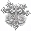 two chrome hearts crosses very close to eachother with a rose behind them. tattoo design idea