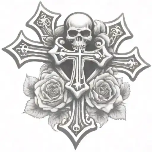 two chrome hearts crosses very close to eachother with a rose behind them. tattoo design idea