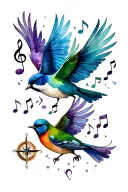 blue bird, green bird, purple bird flying with music notes and compass tattoo design idea