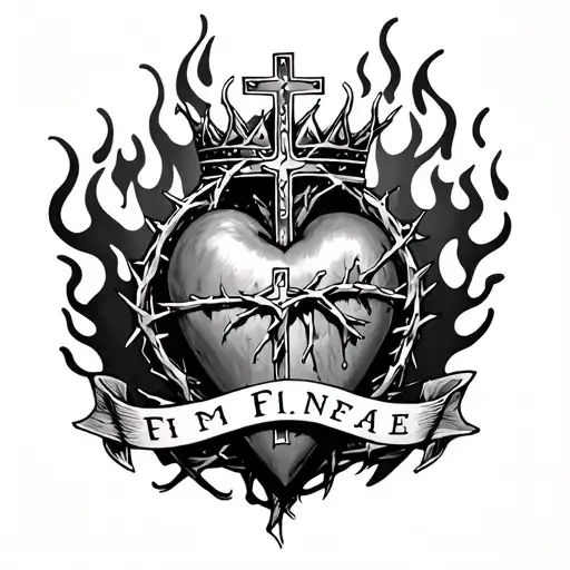 sacred heart with cross,flames, crown of thorns  and the name Fina  tattoo design idea