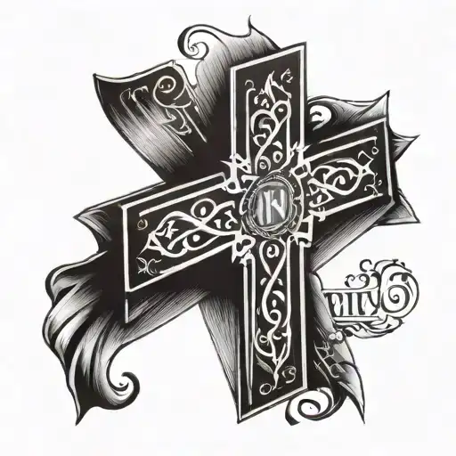 cross with a line wrapping around it with the date 5/25/2016 in Roman numbers with a bible verse underneath it tattoo design idea