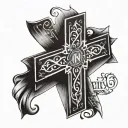 cross with a line wrapping around it with the date 5/25/2016 in Roman numbers with a bible verse underneath it tattoo design idea