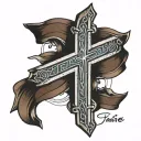 cross with a line wrapping around it with the date 5/25/2016 in Roman numbers with a bible verse underneath it tattoo design idea