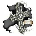 cross with a line wrapping around it with the date 5/25/2016 in Roman numbers with a bible verse underneath it tattoo design idea