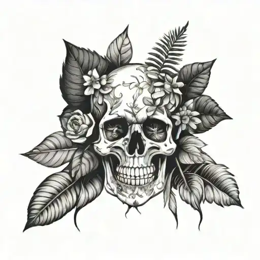 Skull surrounded by a variety of poisonous plants found in the rainforest tattoo design idea