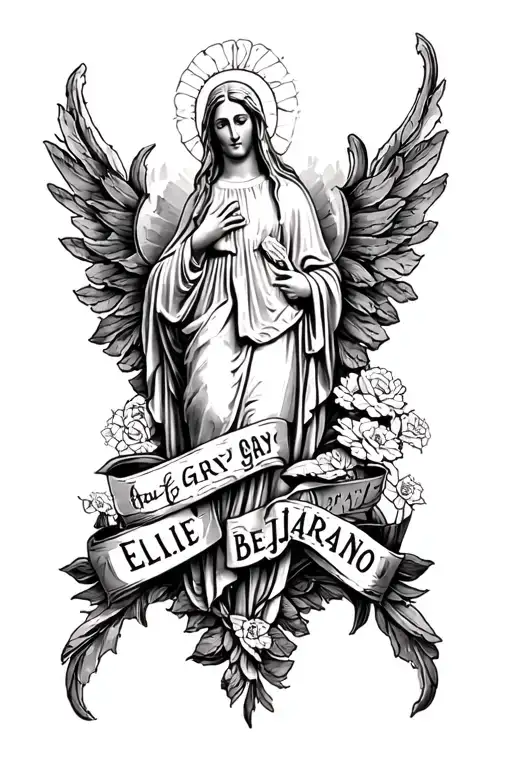 "Ellie gray Bejarano " "Ellie gray Bejarano "  Virgin Mary banner tattoo design idea