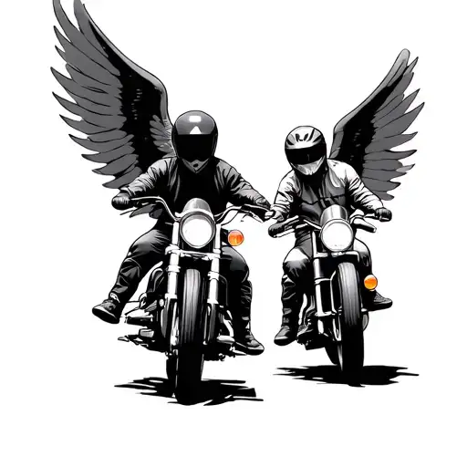 two motorcyclists on the road, one of them soaring towards the sky on angel wings tattoo design idea