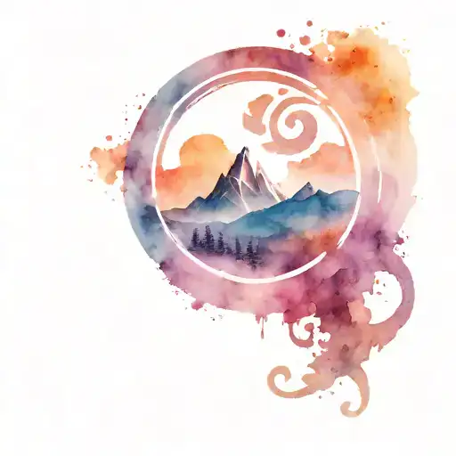 Minimal Om symbol surrounded by mountains tattoo design idea