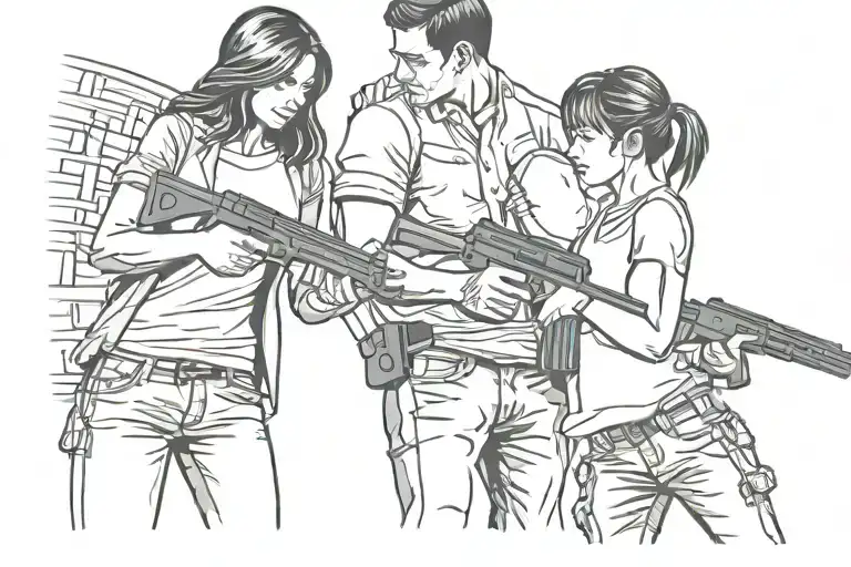couple man and woman hugging standing pointing gun. a little girl hugging the man's leg love tattoo tattoo design idea