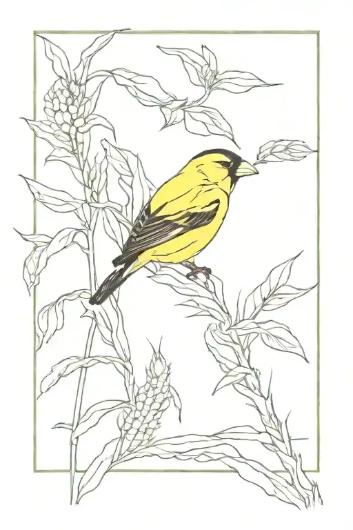 Stalk of corn with a goldfinch perched tattoo design idea