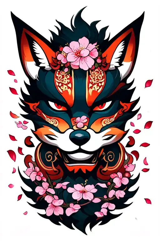oni mask with fox and cherry blossom petals falling tattoo design idea