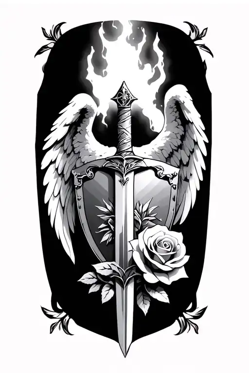 guardian angel with a sword and rose sheild tattoo design idea