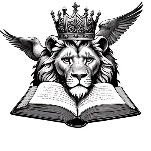 lion with kingcrown on it with bird behind it and open book written anthoni christain and nathan tattoo design idea
