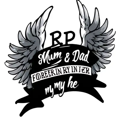 "RIP Mum & Dad forever in my he" angel wings tattoo design idea