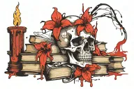 Skull with lily next to melted candle on top of haphazard stacks of books tattoo design idea