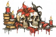Skull with lily next to melted candle on top of haphazard stacks of books tattoo design idea