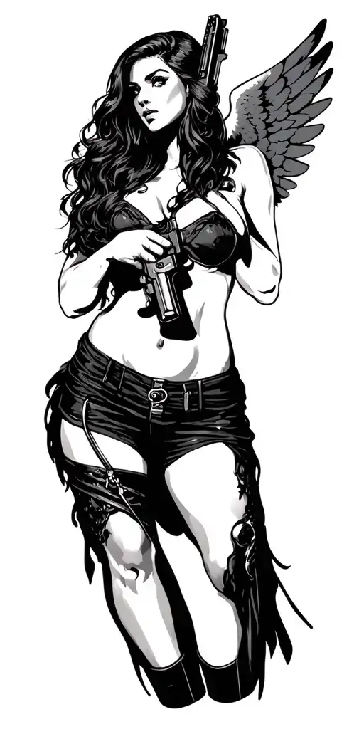 sexy angel holding a gun tattoo design idea