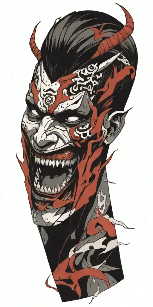 male anime character  oni mask fighting off inner demons with minimal black tattoo design idea