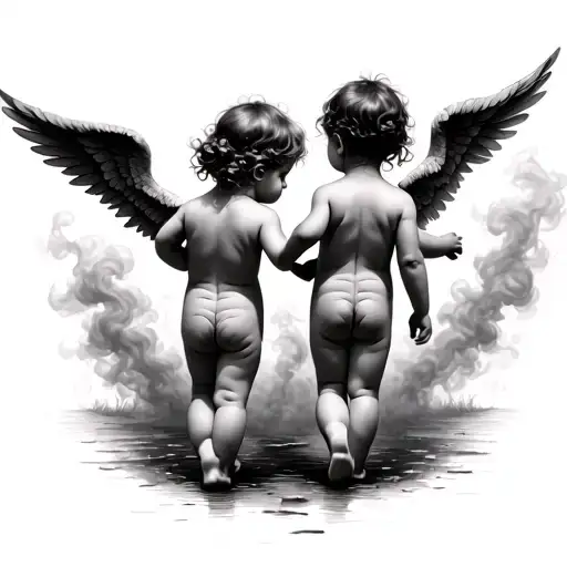 "Two Bébés Garcon angels with small wings, seen from the back, walking together. They cross a path of naked smoke tattoo design idea