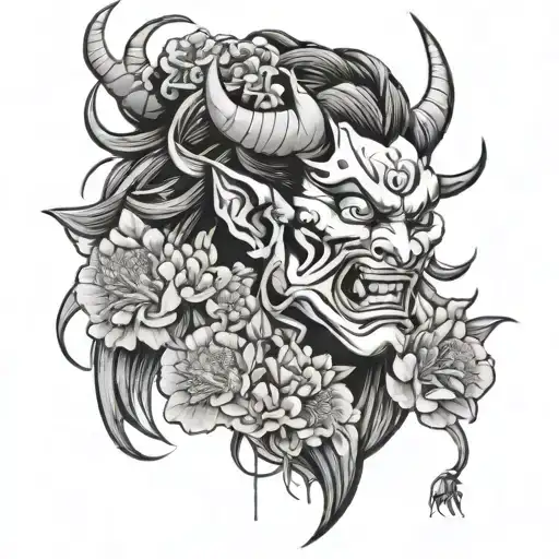 Japanese oni demon girl with flowers blooming tattoo design idea