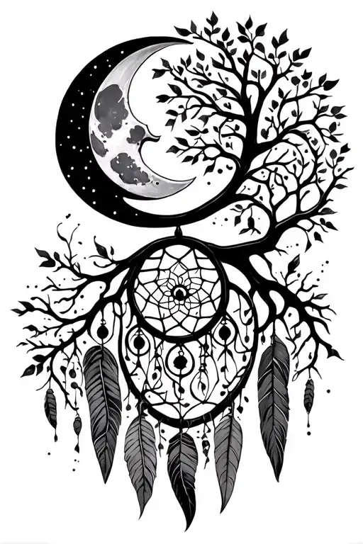 tree of life, moon, and dream catcher entangled tattoo design idea