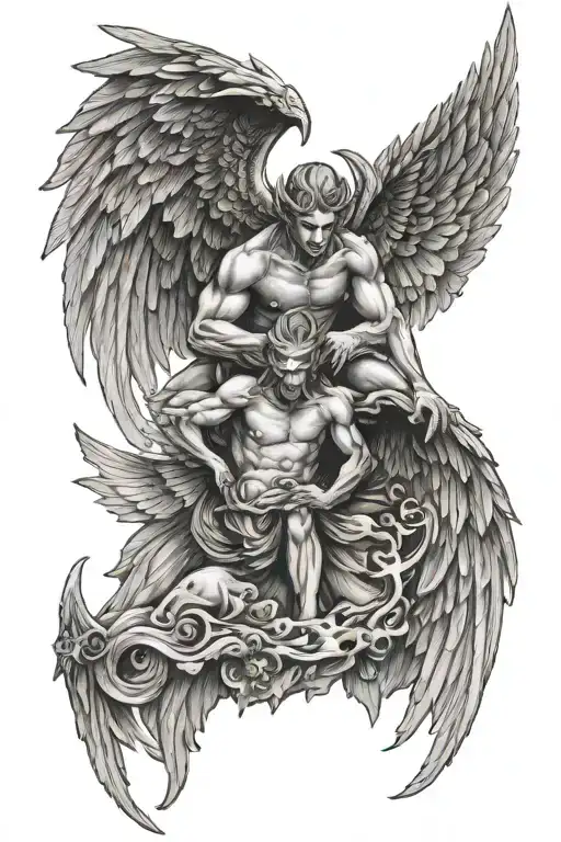 split image angel and devil, wings tattoo design idea