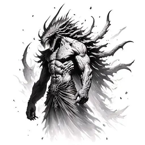 A god-like, humanoid figure with monstrous Destroyah-inspired elements — blending divine power and apocalyptic destructi tattoo design idea