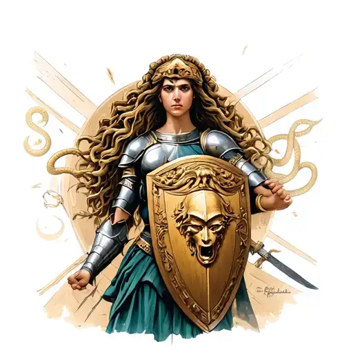 Create a tattoo of Athena in greek armor holding her shield which has Medusa's head wreathed by snakes tattoo design idea