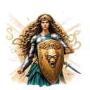 Create a tattoo of Athena in greek armor holding her shield which has Medusa's head wreathed by snakes tattoo design idea