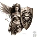 Create a tattoo of Athena in greek armor holding her shield which has Medusa's head wreathed by snakes tattoo design idea