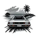 no coastline ocean with a road beside it with a 90s jdm Sentra driving down it tattoo design idea