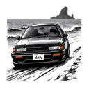 no coastline ocean with a road beside it with a 90s jdm Sentra driving down it tattoo design idea