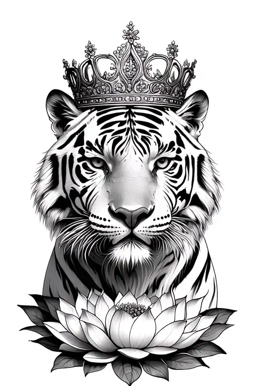 White tiger with crown in flowers lotus tattoo design idea