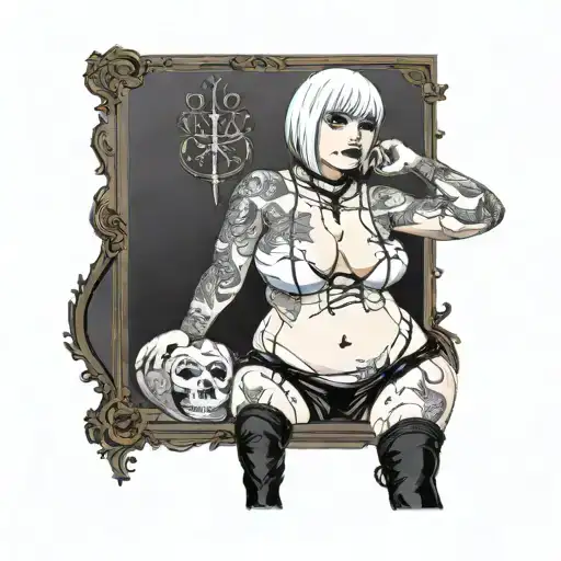 Sexy Woman with white short bob hairstyle, giant Boobs, Thick thighs, Wide hips, G-String, Revealing bra, Full Body View tattoo design idea