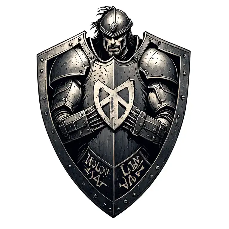 "Molon Labe" Warrior in body armor, Holding shield engraved, action tattoo design idea