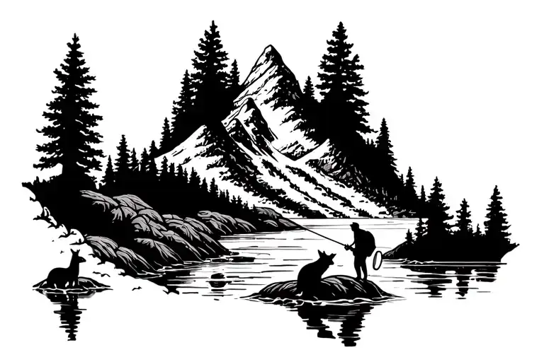 Mountain landscape tattoo featuring animals and fisherman in stream tattoo design idea