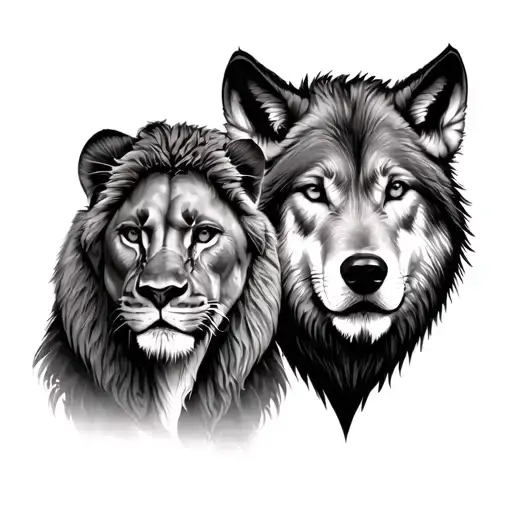 lioness with wolf mandela style sleev tattoo design idea