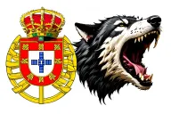 Fusion between a very bad wolf, mouth open to the right and with the Portugal coat of arms on the left tattoo design idea