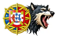 Fusion between a very bad wolf, mouth open to the right and with the Portugal coat of arms on the left tattoo design idea