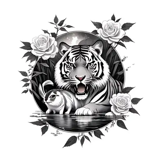 Forest of bamboo full of roses. Stream of water in the middle with a tiger and rabbit. Chinese brush stroke style tattoo design idea