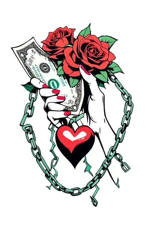 a hand holding money, under it a broken chain and roses. a heart at the end tattoo design idea
