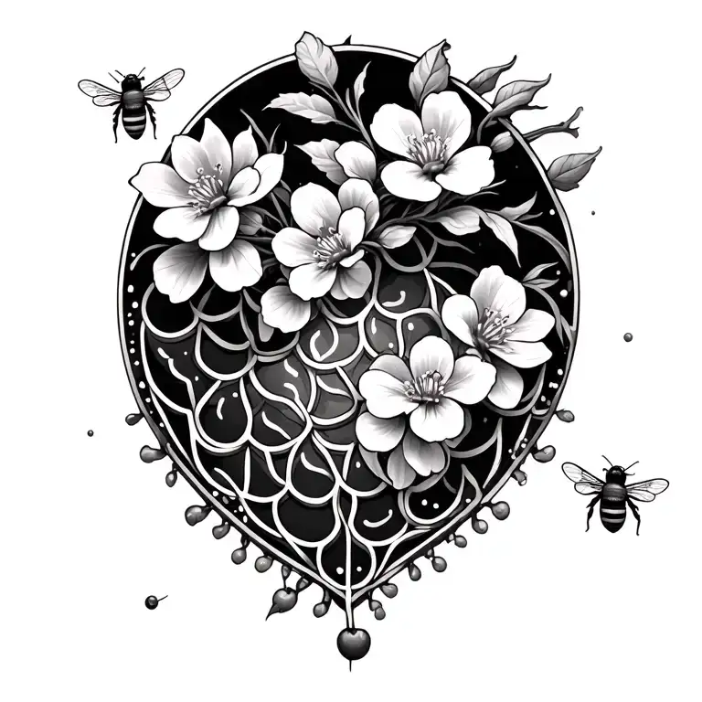 flower of life with cherry blossoms and bees buzzing tattoo design idea