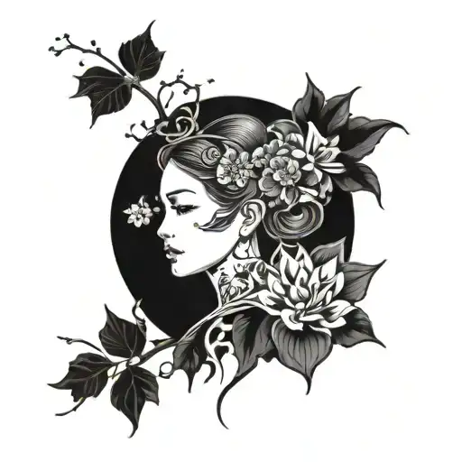 i need an tattoo with front female face like oriental girl, using flowers in hair, the tattoo is just the head tattoo design idea