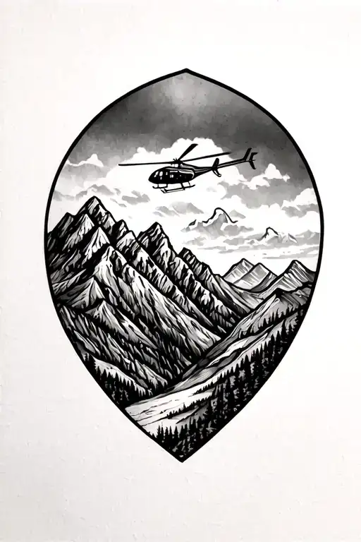 Utah shaded mountains with a very small  helicopter flying on the mountains half sleeve upper arm  tattoo design idea