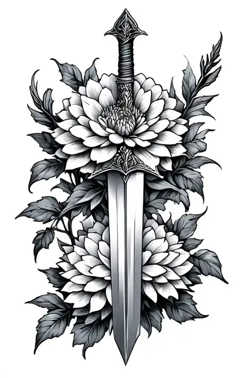 acanthus and dahlias with small sword and arrow tattoo design idea