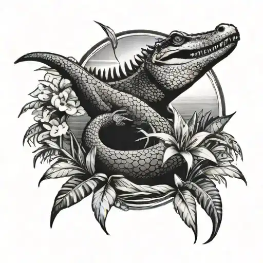 sunset, crocodile and bird of paradise   tattoo design idea