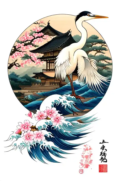 Sakura, waves, heron, traditional Japanese house tattoo design idea